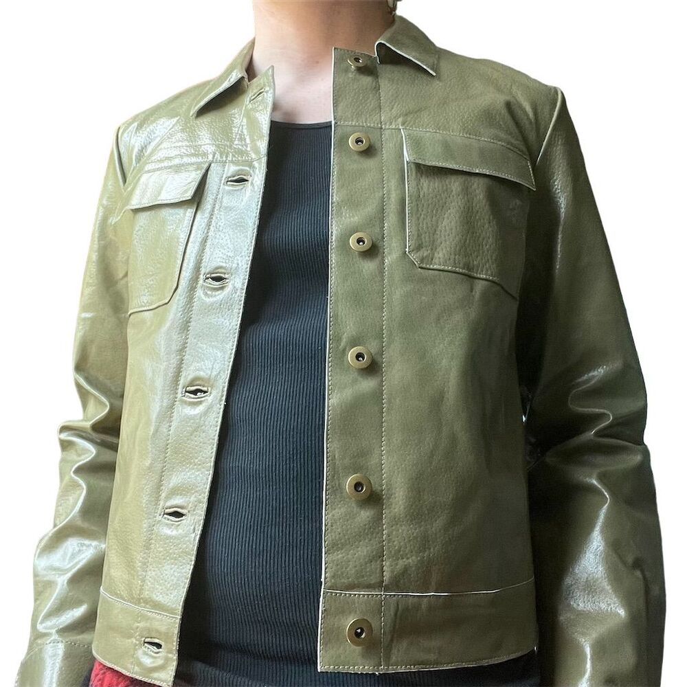 Newport News Women's Olive Green Leather Jacket Size M Long Sleeve